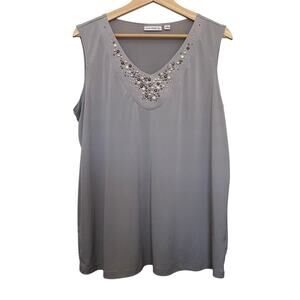Susan Graver Top 1X Gray Sleeveless Jeweled Neckline‎ Sequin Mature Artsy